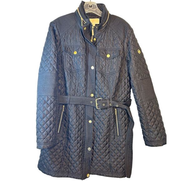 Michael Kors Ladies Quilted Trench Coat Black Large Gold Belted Hooded Jacket - Picture 7 of 16